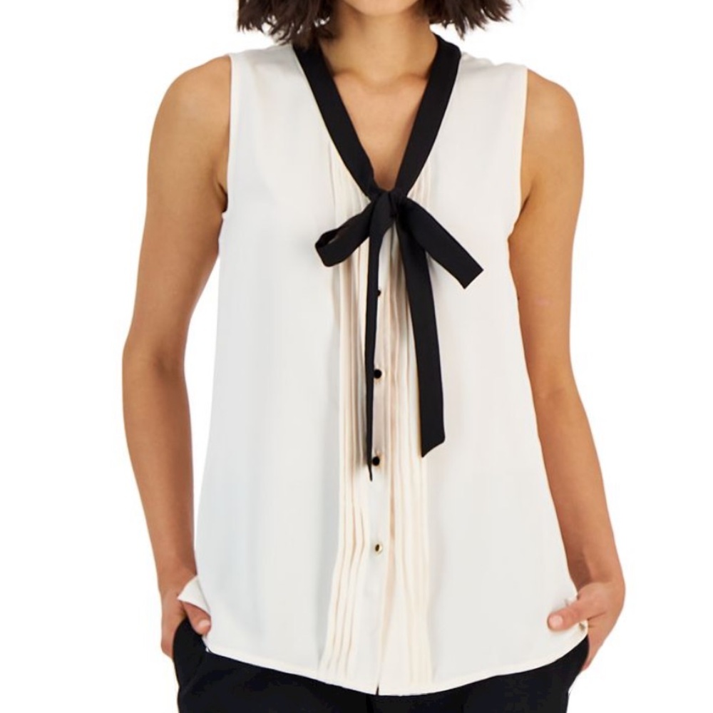 NWT ANNE KLEIN Women's Tie V-Neck Sleeveless Button-Up Blouse